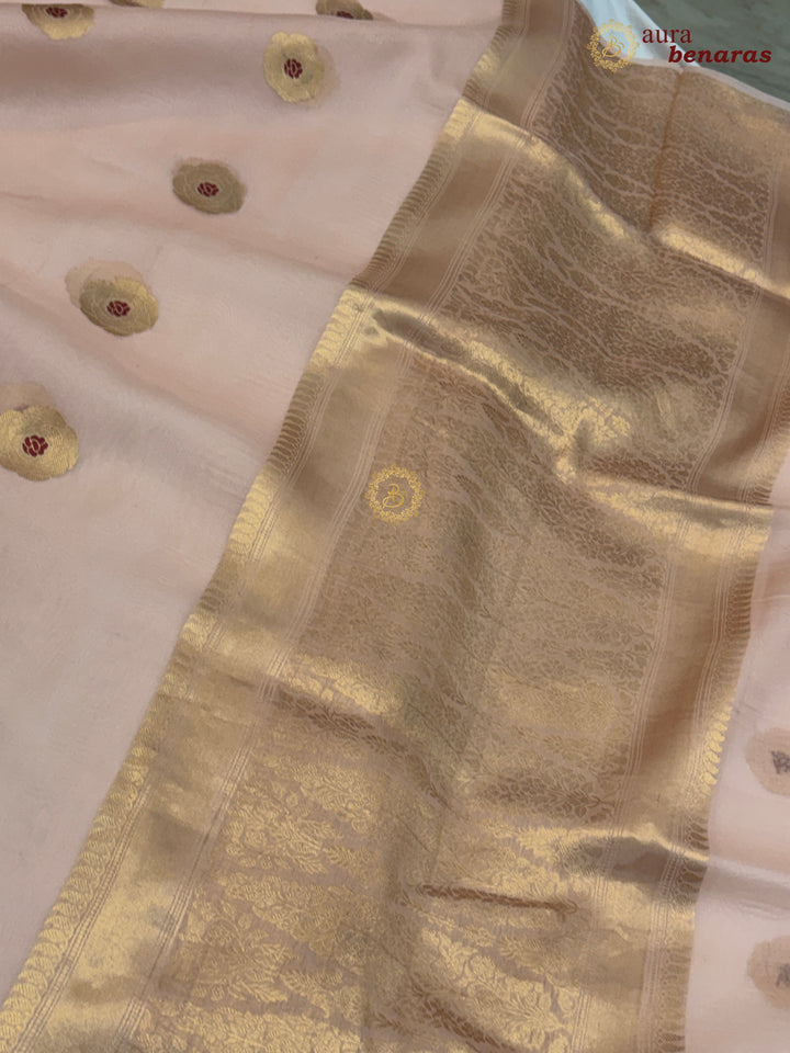 Patel Peach Pure Kora Silk Saree with Kadhwa Floral Butas & Meenakari