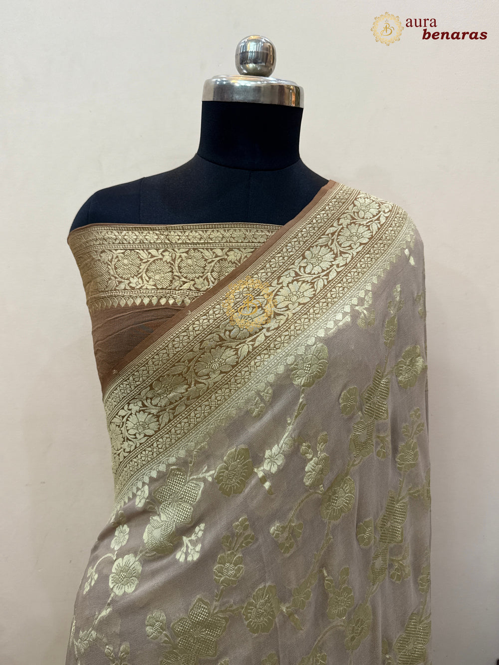 Beige Pure Banarasi Khaddi Georgette Saree | floral jaal