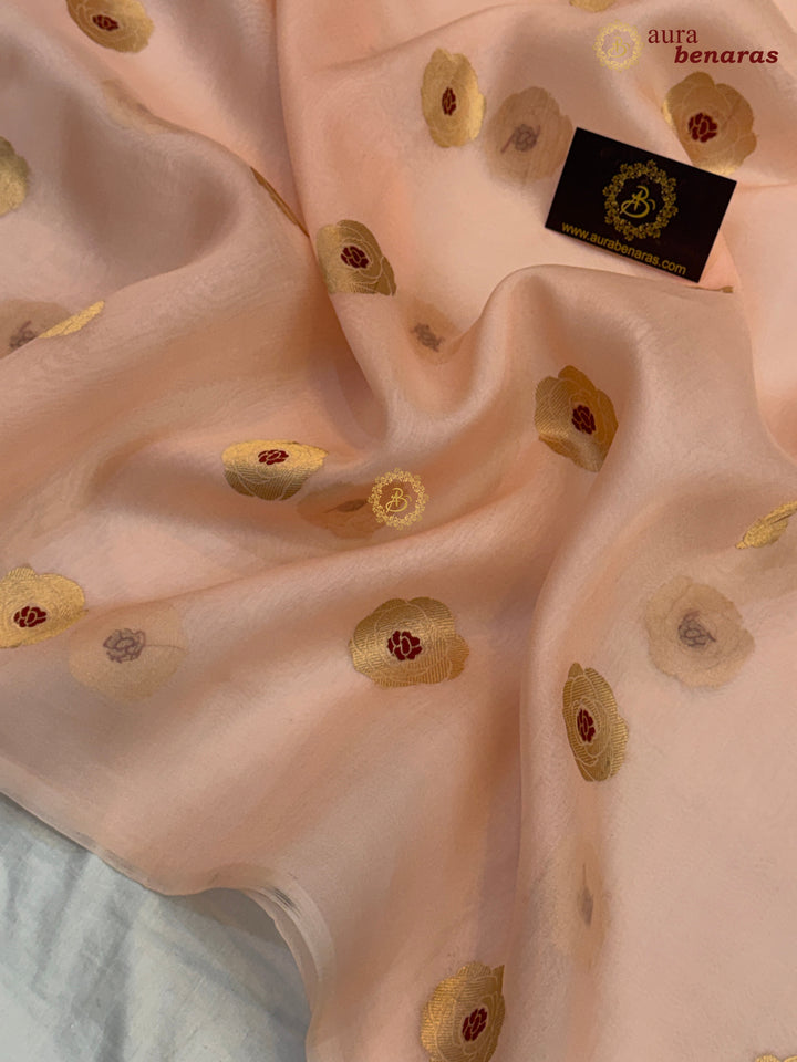 Patel Peach Pure Kora Silk Saree with Kadhwa Floral Butas & Meenakari