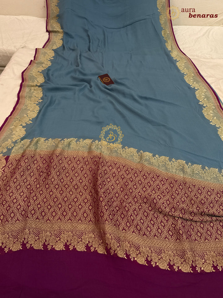 Blue Pure Banarasi Khaddi Georgette Saree | floral jaal