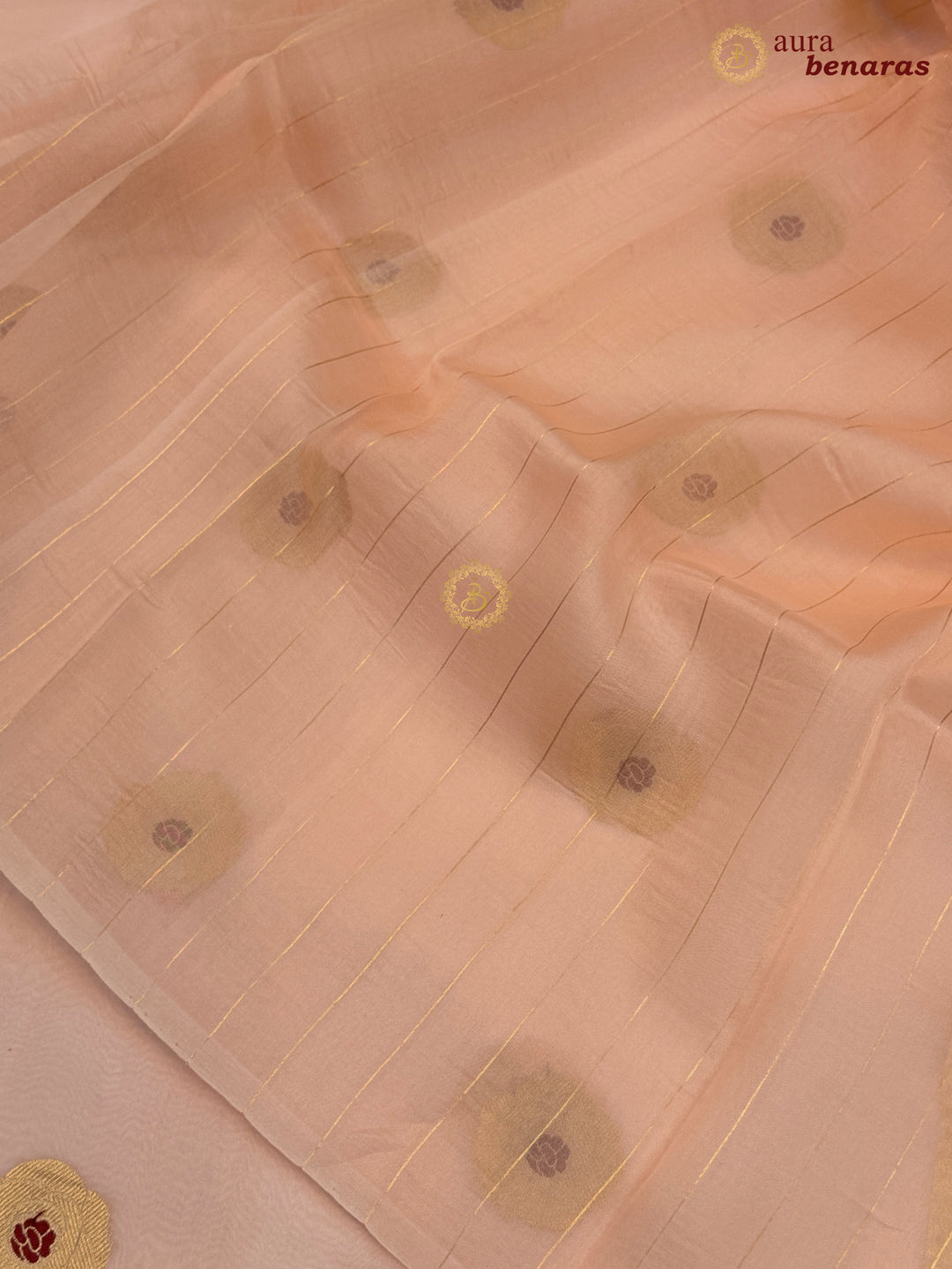 Patel Peach Pure Kora Silk Saree with Kadhwa Floral Butas & Meenakari