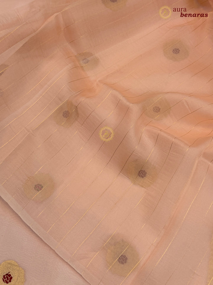 Patel Peach Pure Kora Silk Saree with Kadhwa Floral Butas & Meenakari