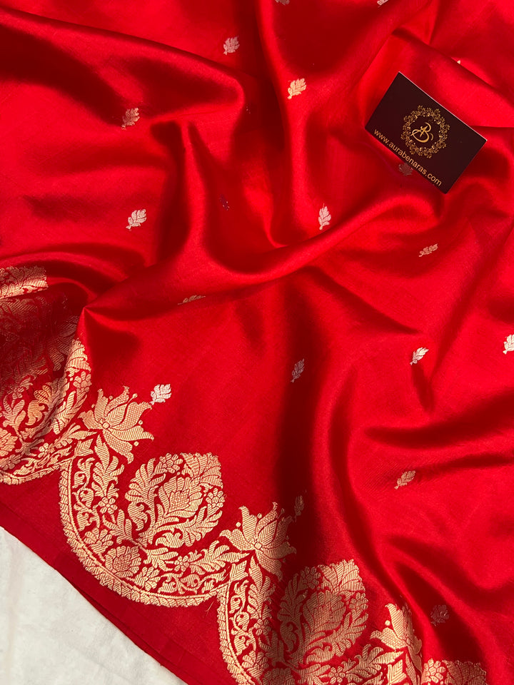 Red Pure Silk Banarasi Saree | Kadhwa Butis & Scallop Border