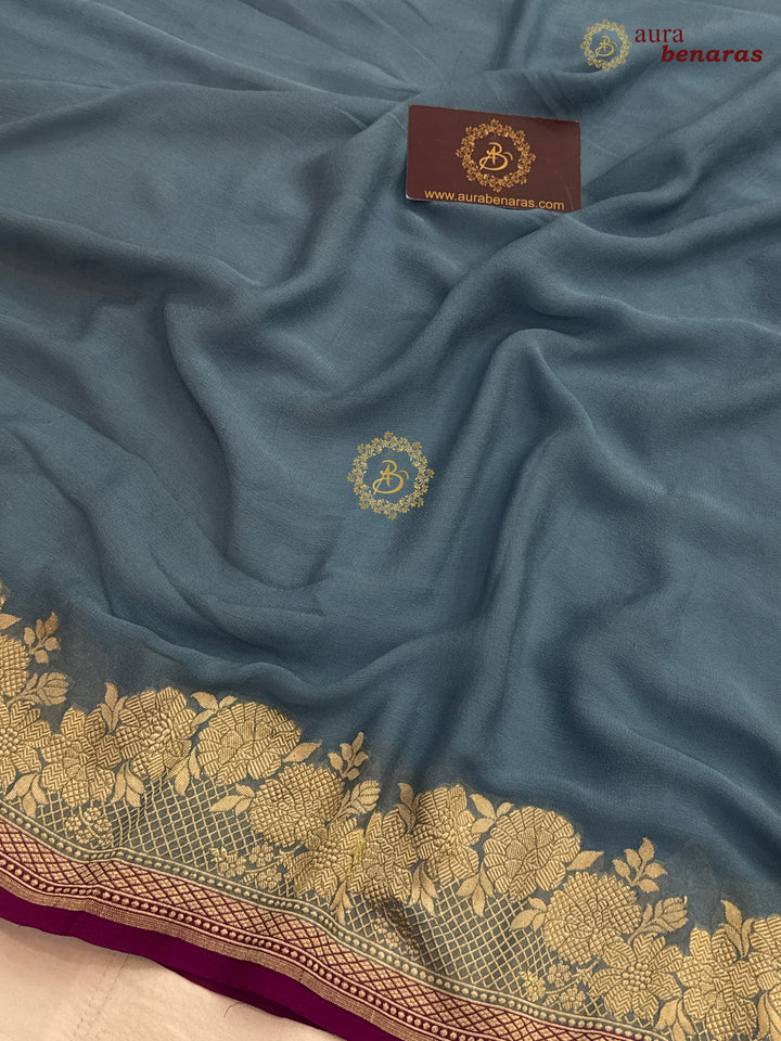 Blue Pure Banarasi Khaddi Georgette Saree | floral jaal