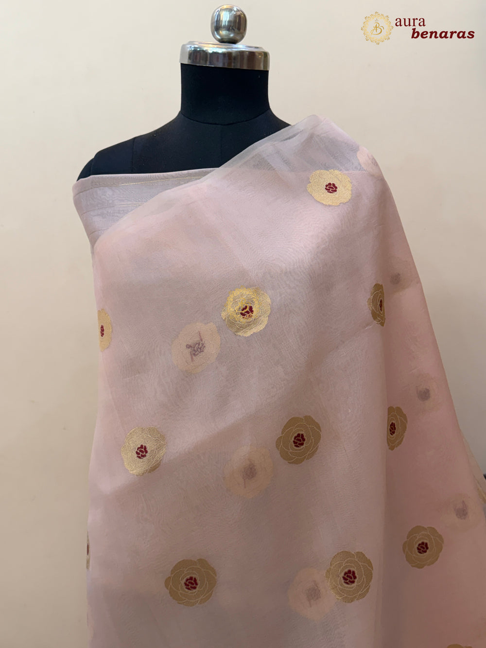 Patel Peach Pure Kora Silk Saree with Kadhwa Floral Butas & Meenakari