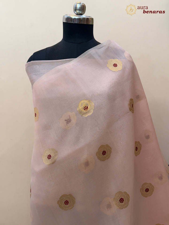 Patel Peach Pure Kora Silk Saree with Kadhwa Floral Butas & Meenakari