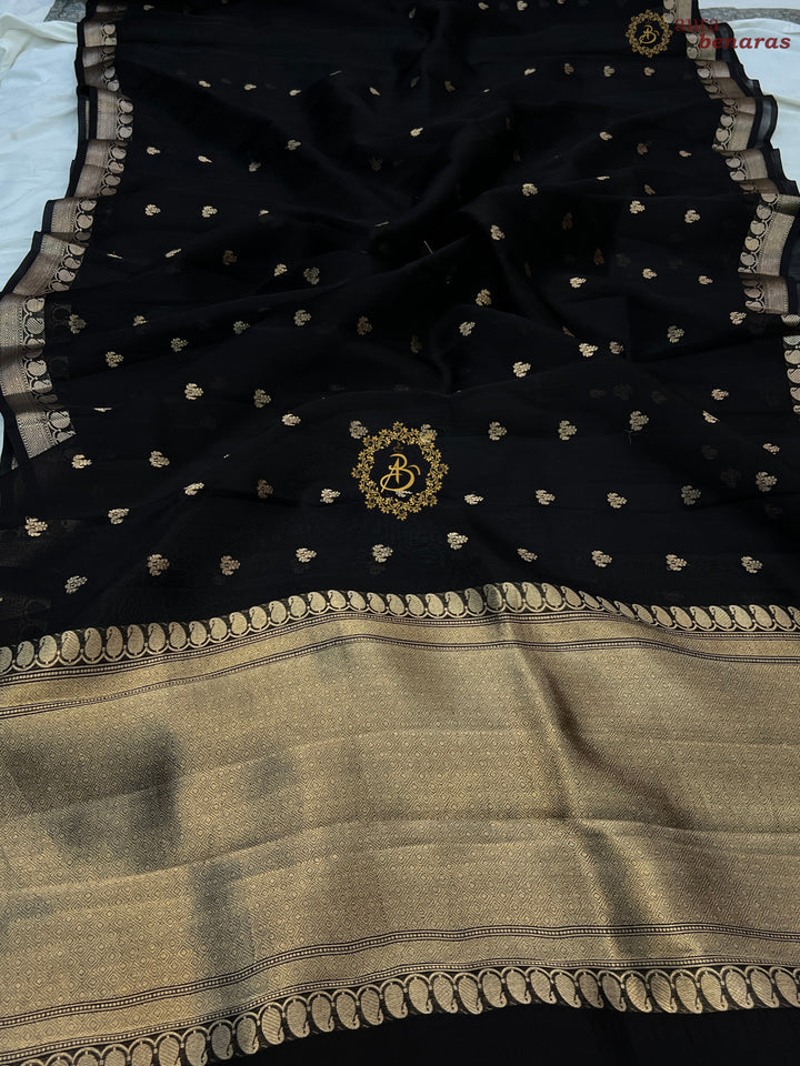 Black Pure Kora Silk Handloom Banarasi Saree