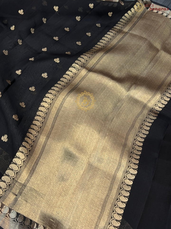 Black Pure Kora Silk Handloom Banarasi Saree