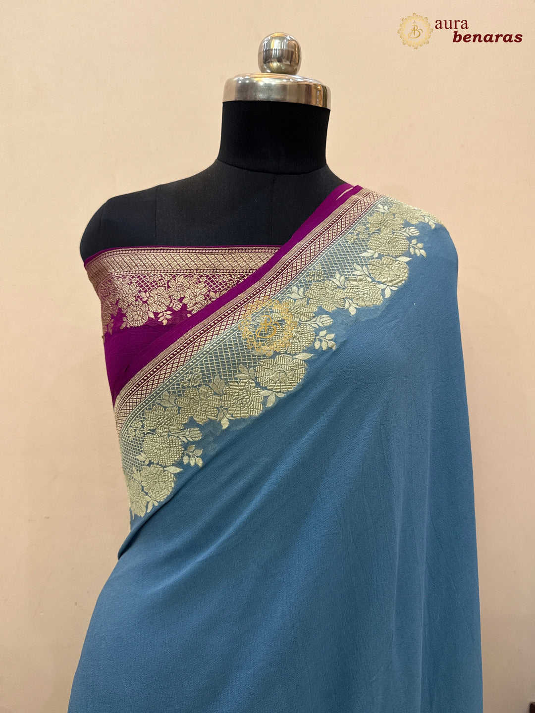 Blue Pure Banarasi Khaddi Georgette Saree | floral jaal