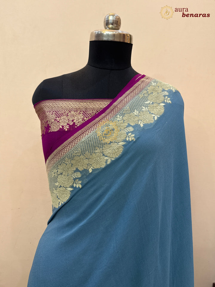 Blue Pure Banarasi Khaddi Georgette Saree | floral jaal