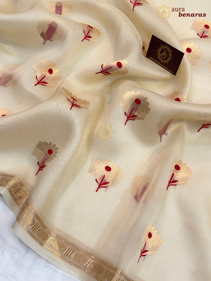 Cream Kora Silk Banarasi Saree with Kadhwa Zari & Meenakari