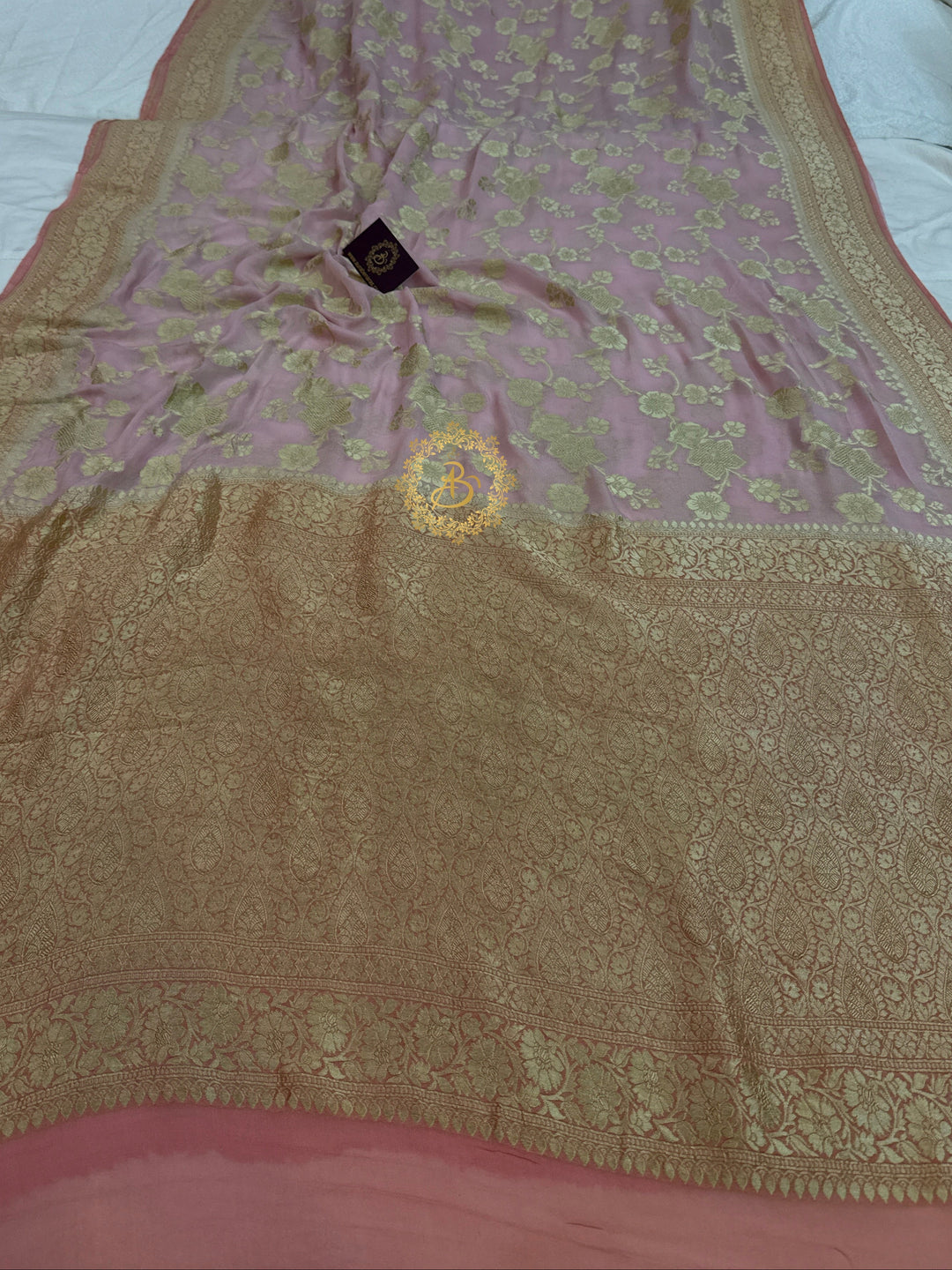 Baby Pink Pure Banarasi Khaddi Georgette Saree | floral jaal