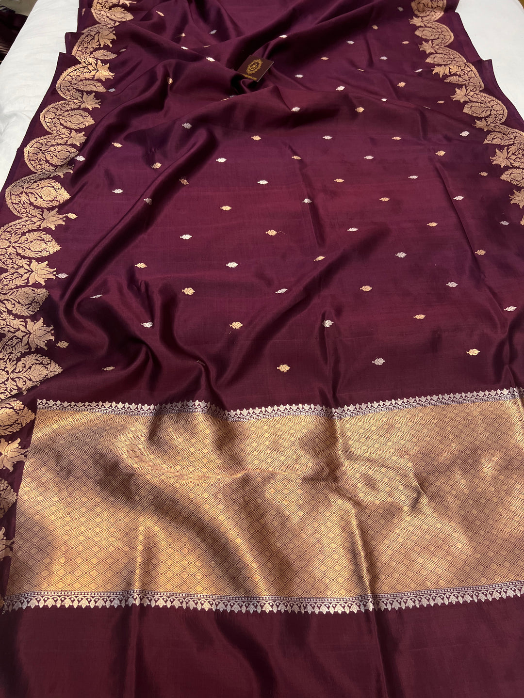 Wine Pure Silk Banarasi Saree | Scallop Border