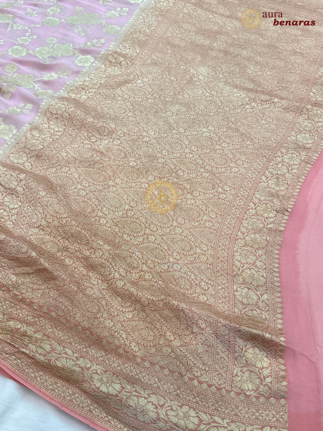 Baby Pink Pure Banarasi Khaddi Georgette Saree | floral jaal