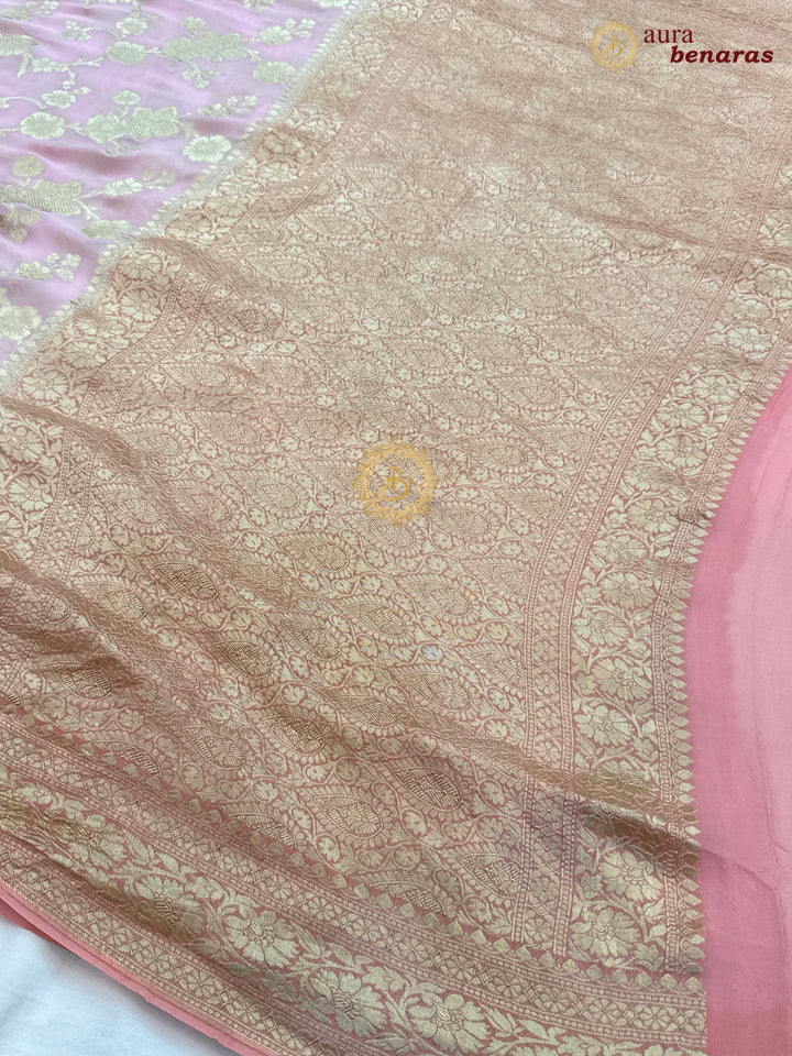 Baby Pink Pure Banarasi Khaddi Georgette Saree | floral jaal