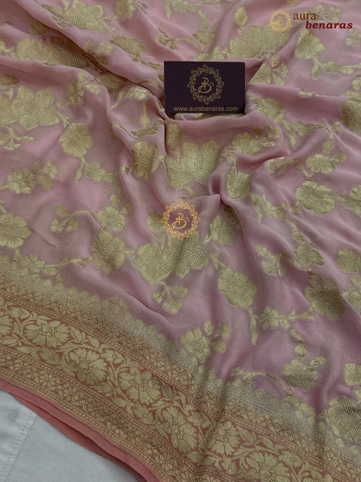 Baby Pink Pure Banarasi Khaddi Georgette Saree | floral jaal
