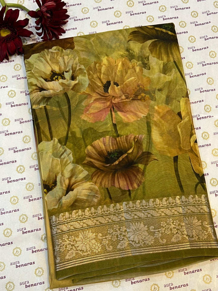 Cream-Yellow Banarasi Handloom Kora Silk Saree - Aura Benaras