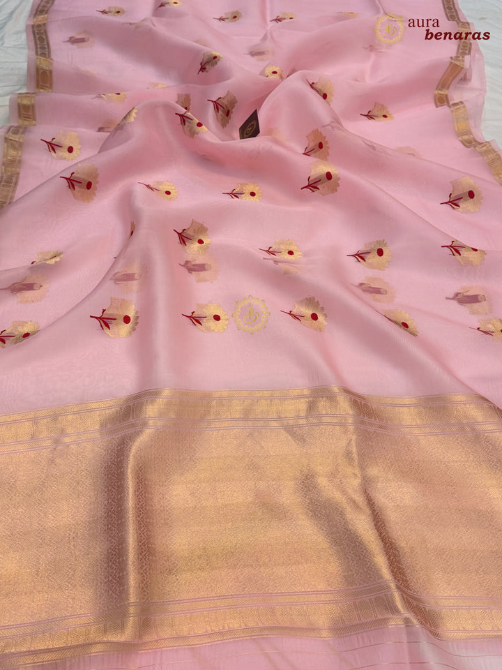 Baby Pink Silk Banarasi Saree with Kadhwa Zari & Meenakari