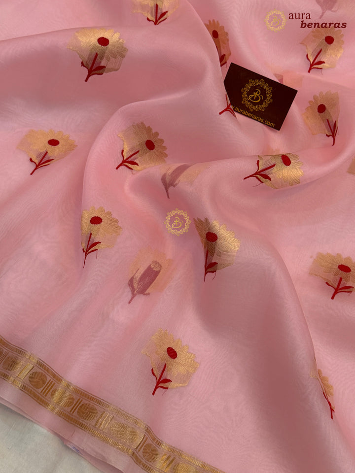 Baby Pink Silk Banarasi Saree with Kadhwa Zari & Meenakari