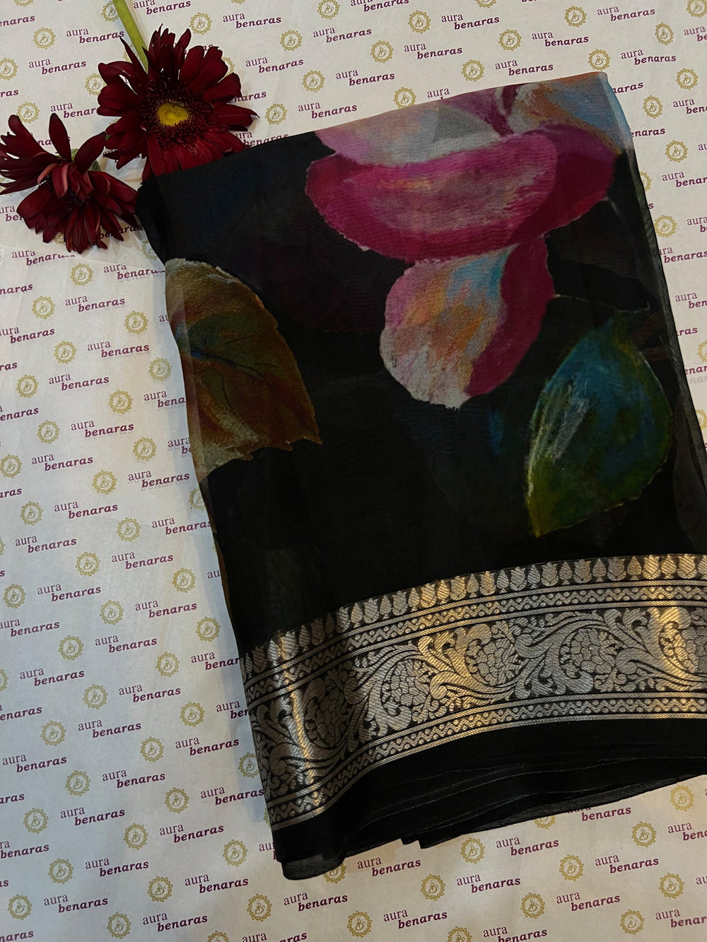 Black Banarasi Handloom Kora Silk Saree - Aura Benaras