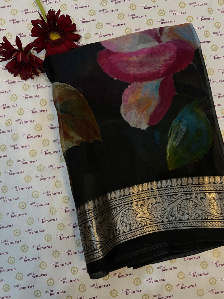 Black Banarasi Handloom Kora Silk Saree - Aura Benaras