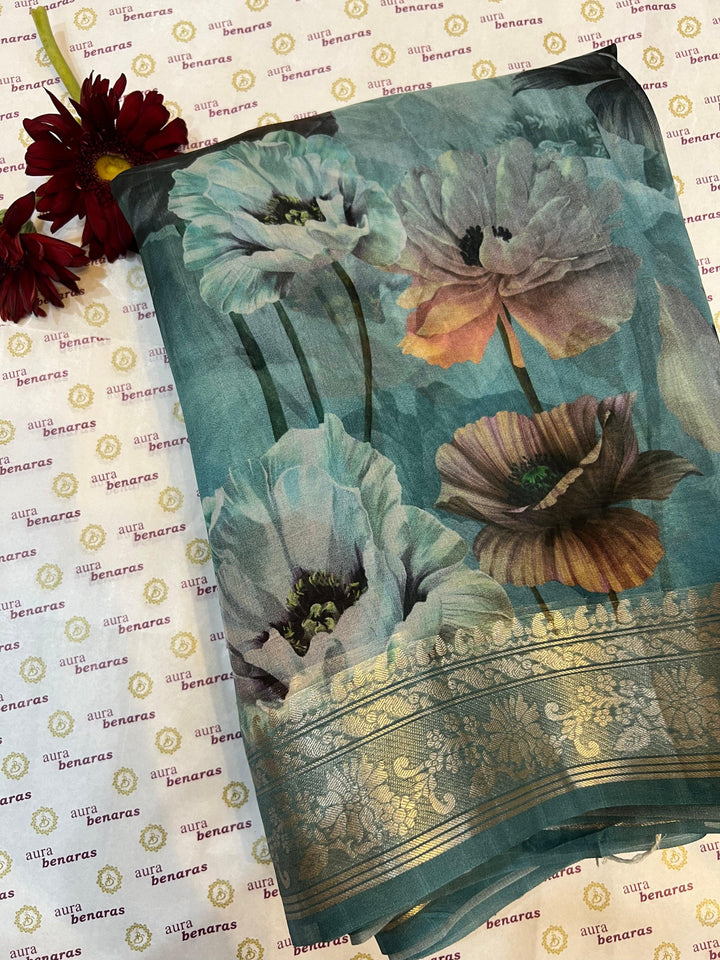 Cream-Blue Banarasi Handloom Kora Silk Saree - Aura Benaras