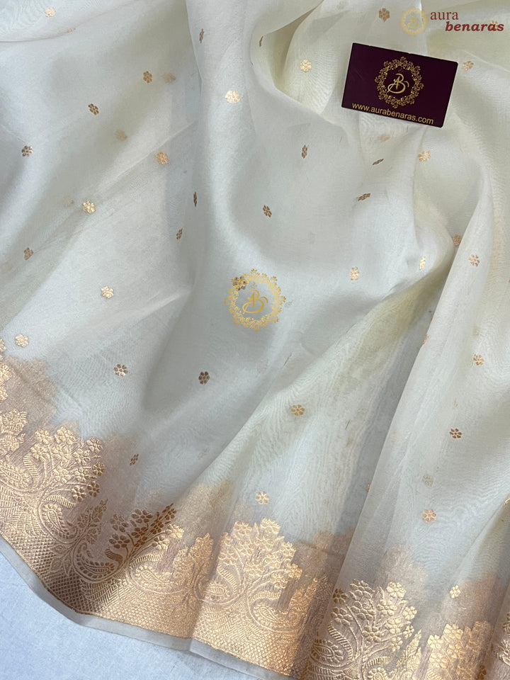 Off white Pure Kora Silk Handloom Banarasi Saree