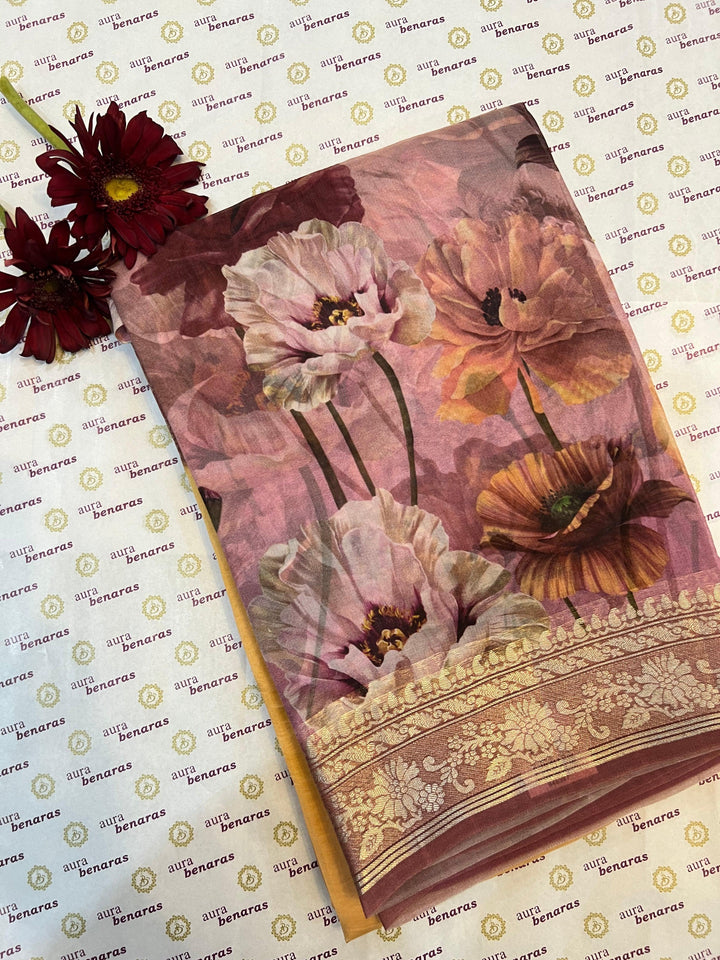 Cream-Pink Banarasi Handloom Kora Silk Saree - Aura Benaras