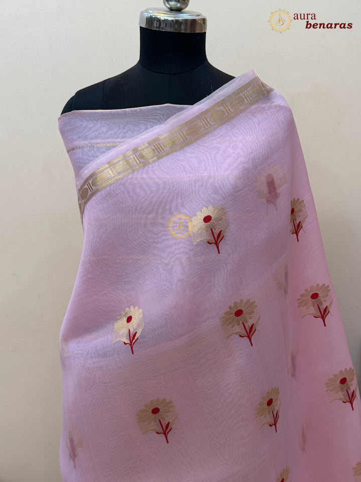 Baby Pink Silk Banarasi Saree with Kadhwa Zari & Meenakari