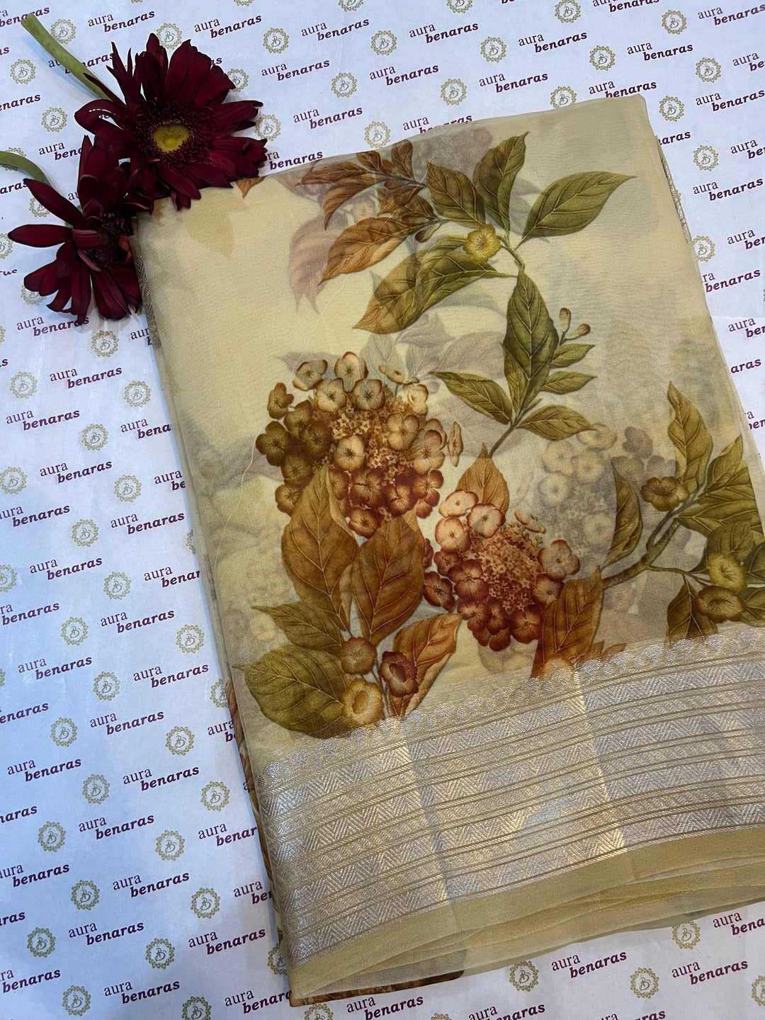 Cream Banarasi Handloom Kora Silk Saree - Aura Benaras