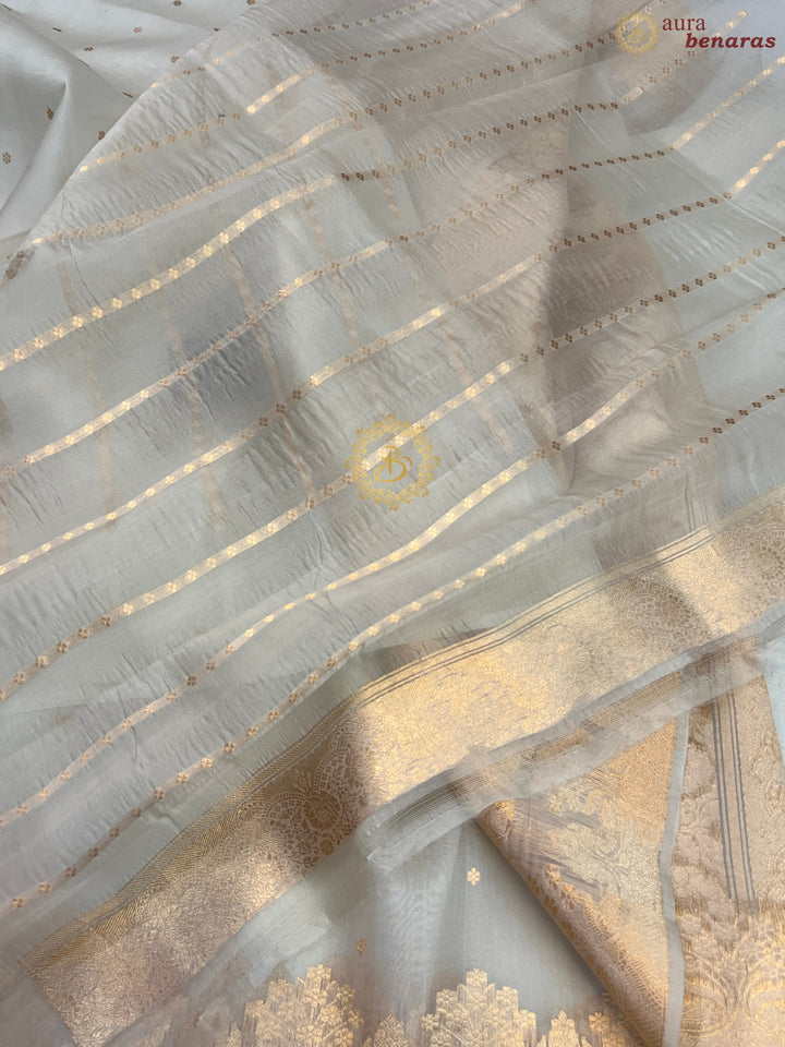 Off white Pure Kora Silk Handloom Banarasi Saree