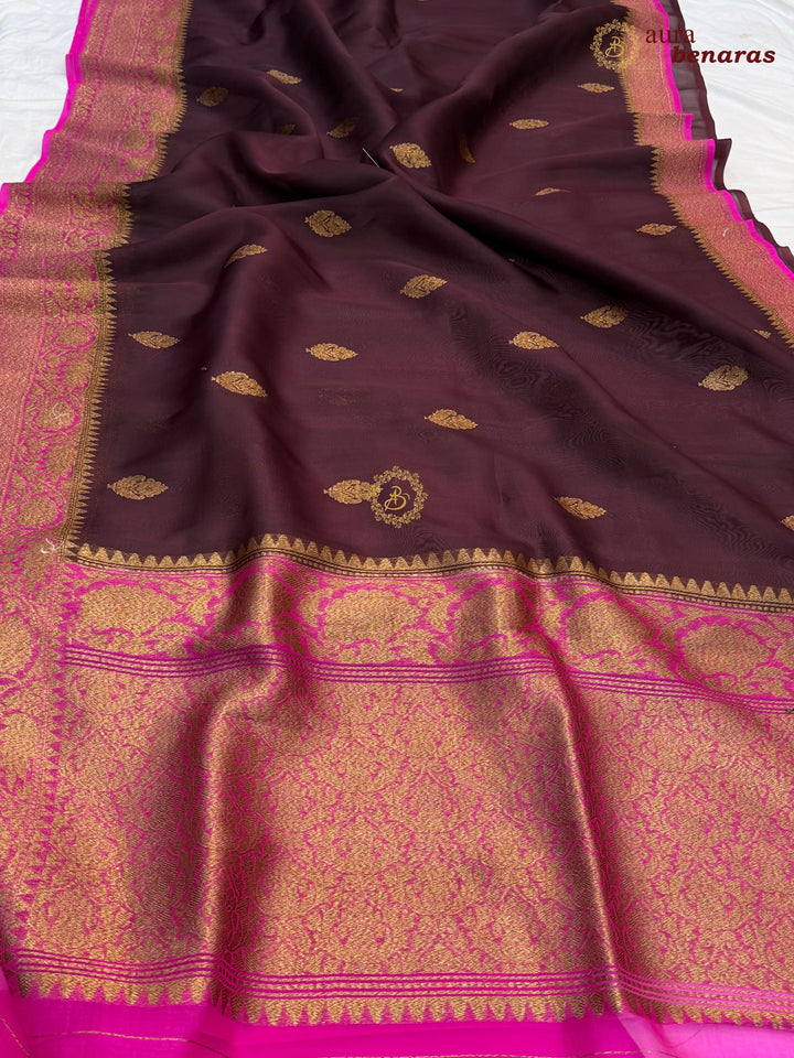 Brown Kora Silk Banarasi Saree with Kadhwa Motifs