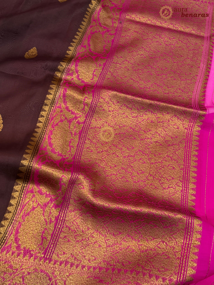 Brown Kora Silk Banarasi Saree with Kadhwa Motifs
