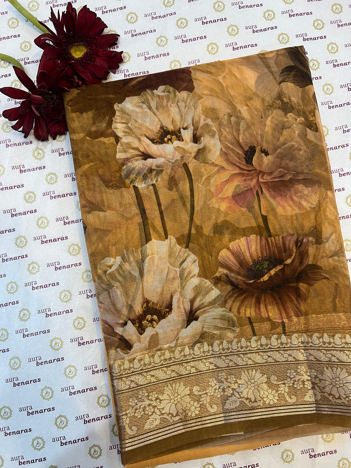 Cream-Beige Banarasi Handloom Kora Silk Saree - Aura Benaras