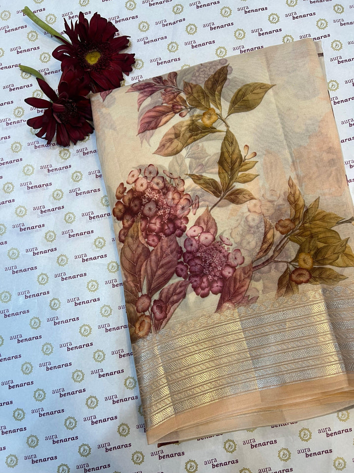 Cream Banarasi Handloom Kora Silk Saree