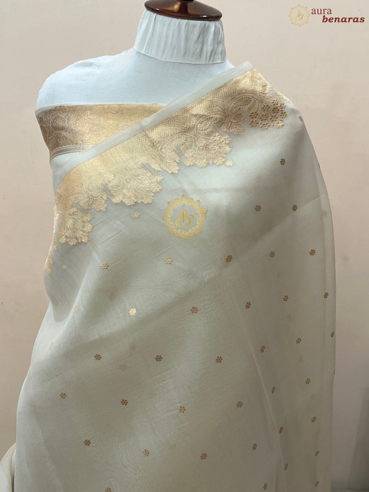 Off white Pure Kora Silk Handloom Banarasi Saree