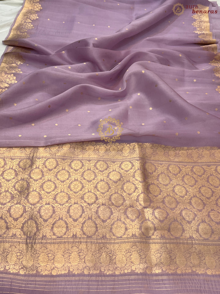 Pastel Lavender Pure Kora Silk Handloom Banarasi Saree