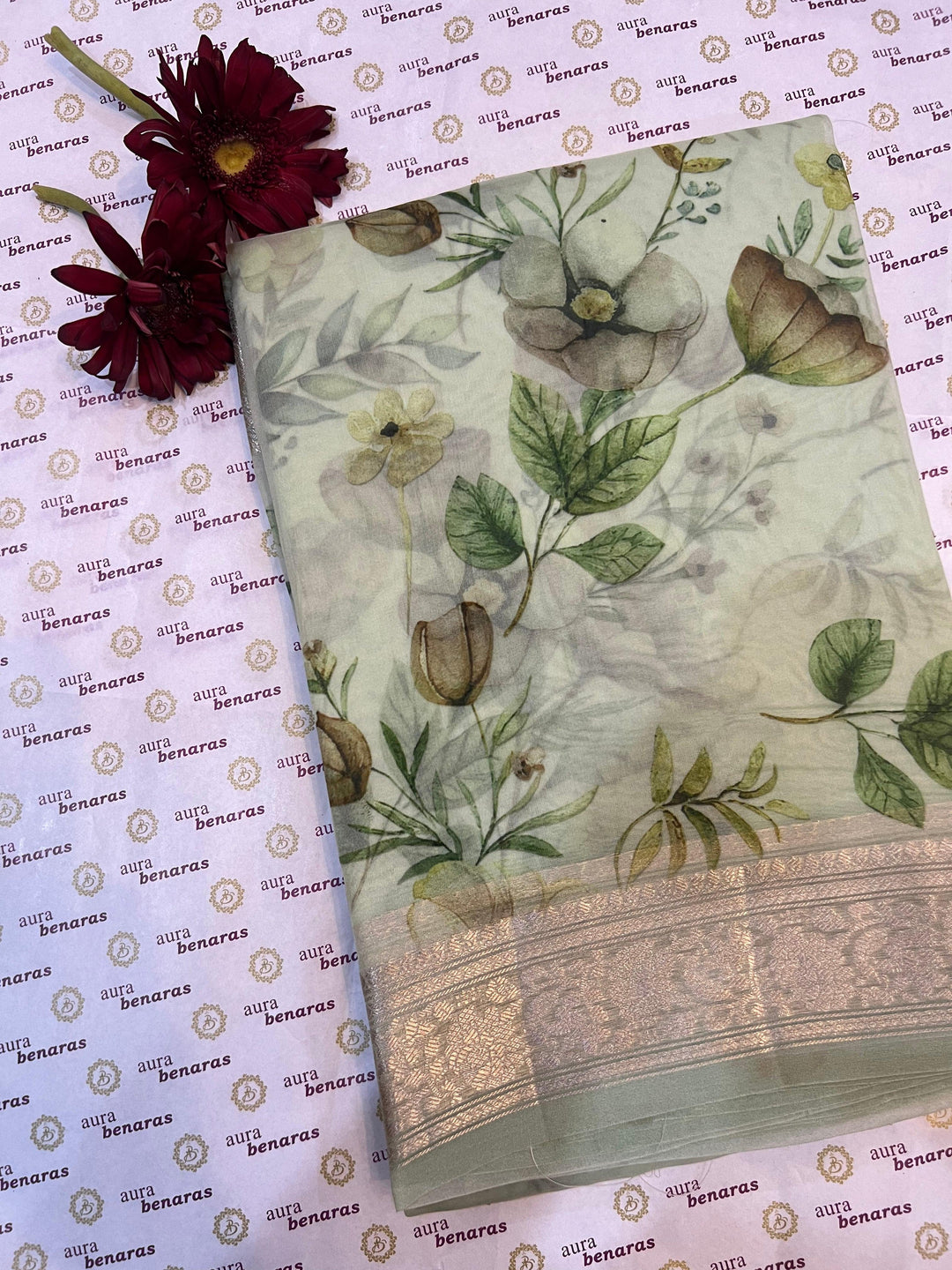 Pale Green Banarasi Handloom Kora Silk Saree - Aura Benaras