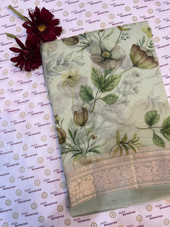 Pale Green Banarasi Handloom Kora Silk Saree - Aura Benaras