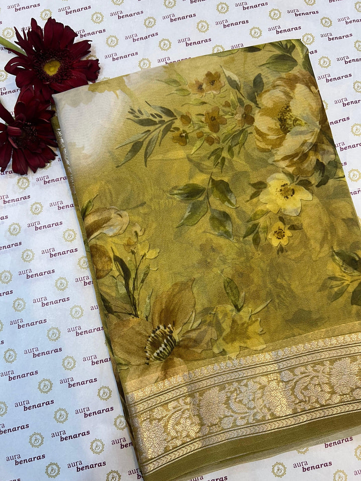 White-Yellow Banarasi Handloom Kora Silk Saree - Aura Benaras