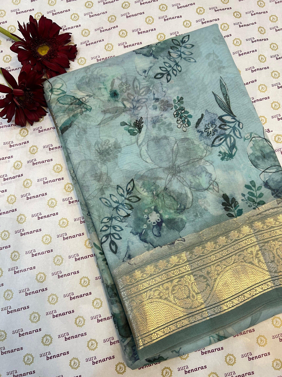 Pale Blue Banarasi Handloom Kora Silk Saree - Aura Benaras