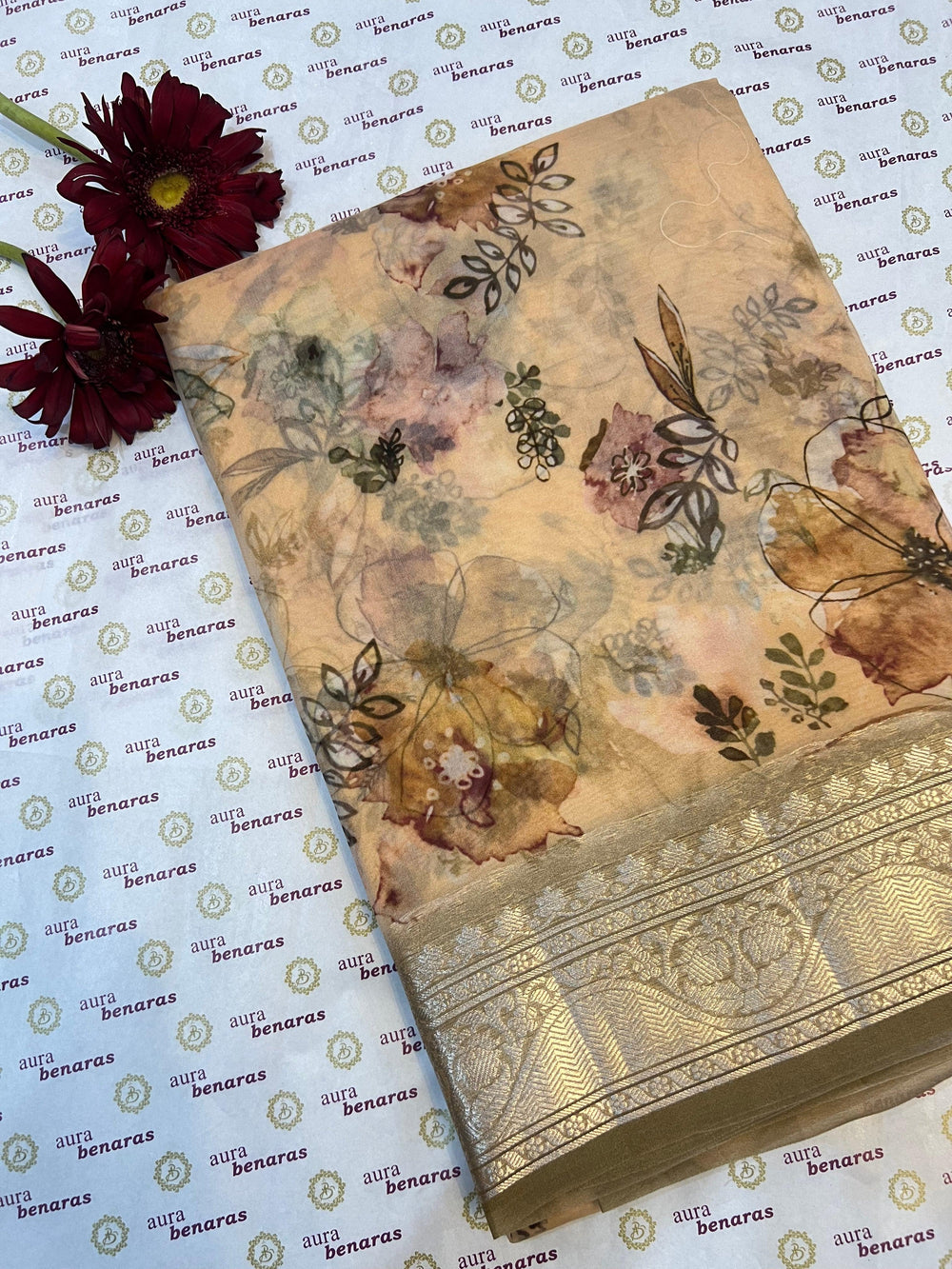 Pale Peach Banarasi Handloom Kora Silk Saree - Aura Benaras