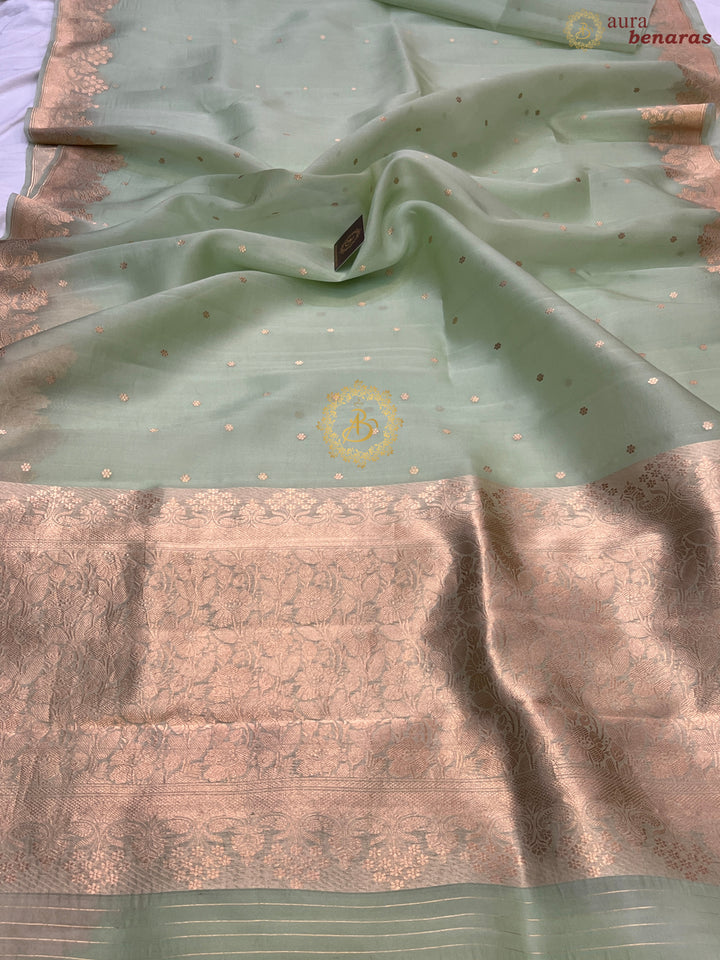 Light Green Pure Kora Silk Handloom Banarasi Saree