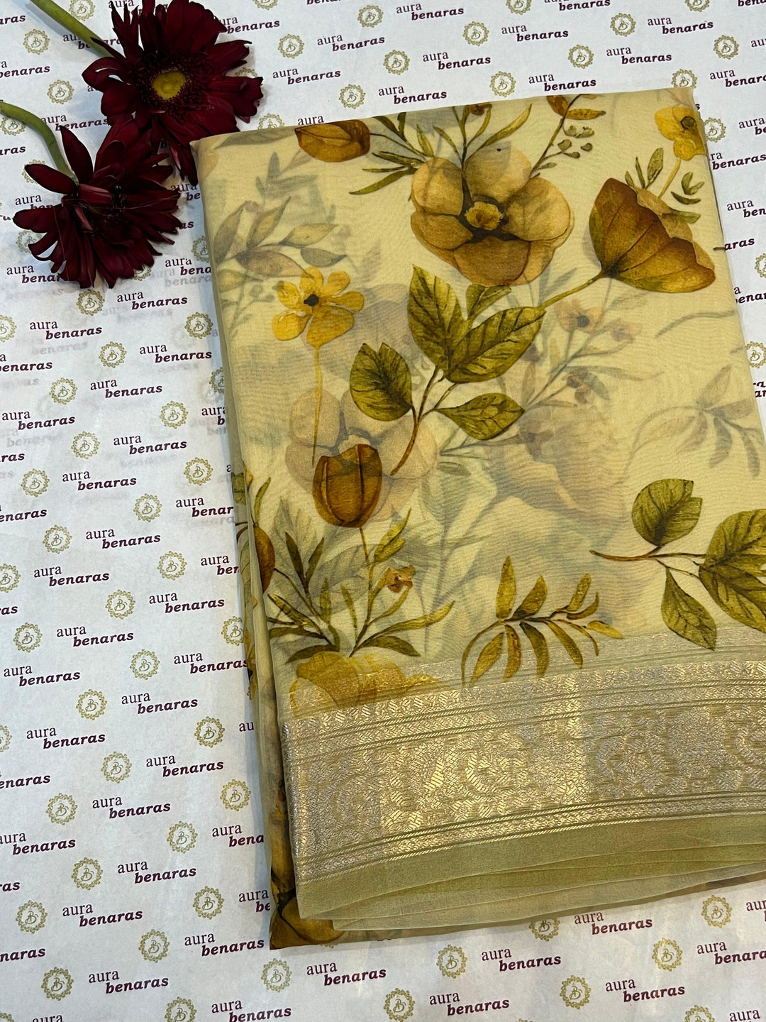 Cream Banarasi Handloom Kora Silk Saree - Aura Benaras