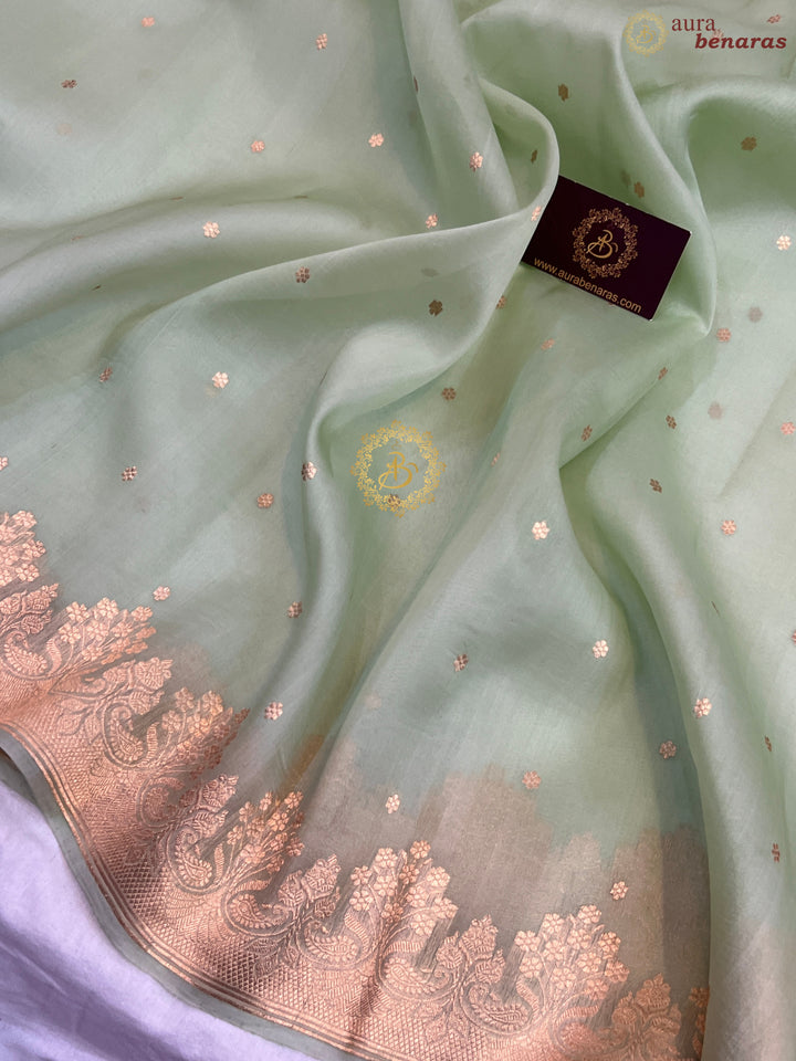 Light Green Pure Kora Silk Handloom Banarasi Saree