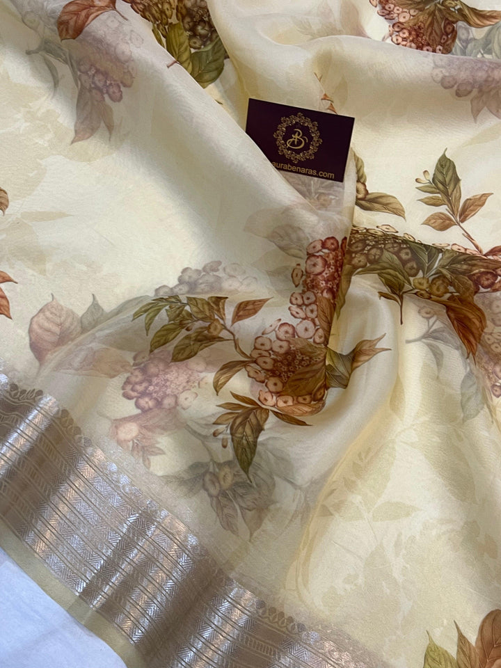 Cream Banarasi Handloom Kora Silk Saree - Aura Benaras