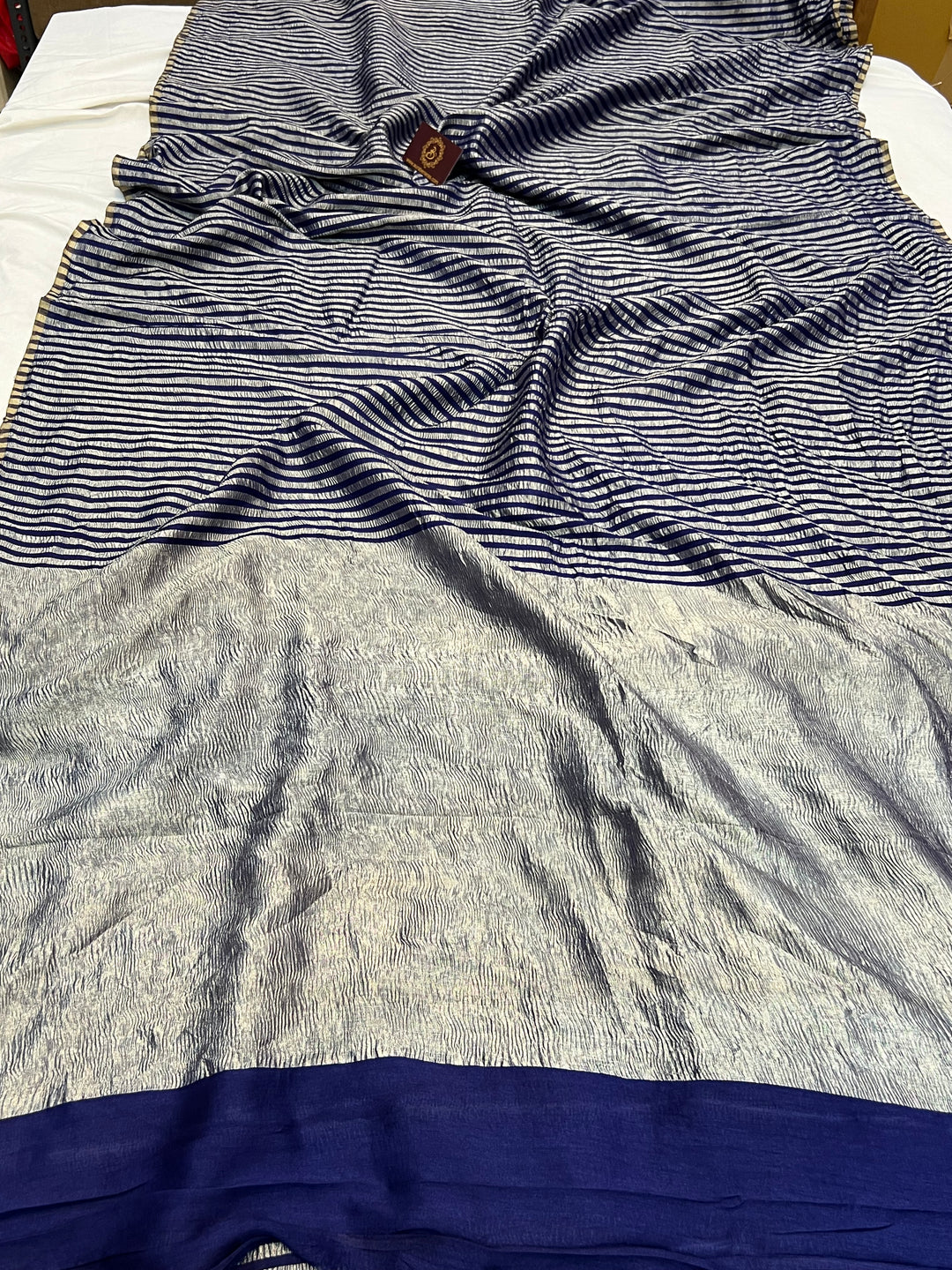 Navy Blue Moonga Silk Banarasi Saree with Zari Stripes 