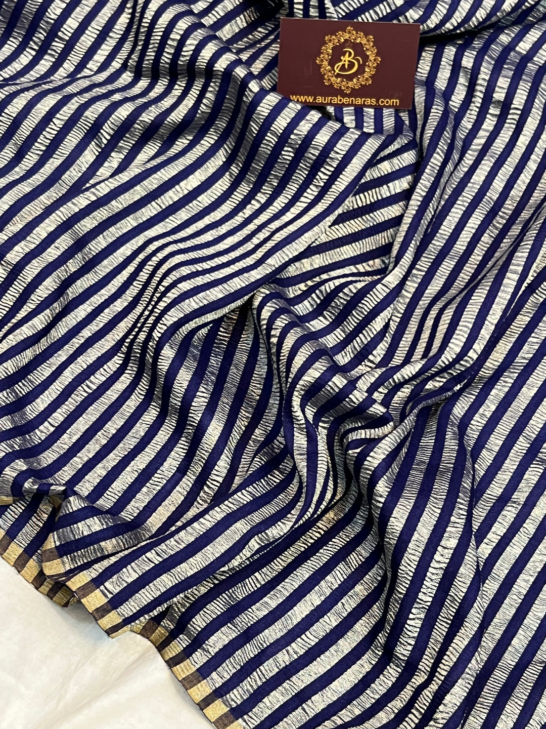 Navy Blue Moonga Silk Banarasi Saree with Zari Stripes 