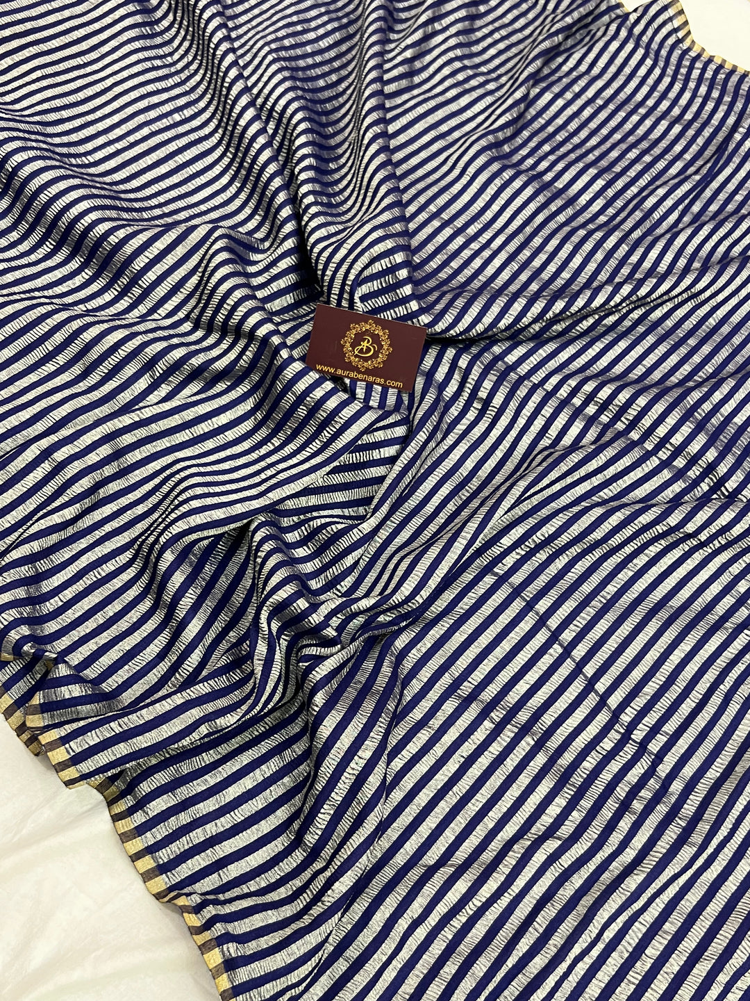 Navy Blue Moonga Silk Banarasi Saree with Zari Stripes 