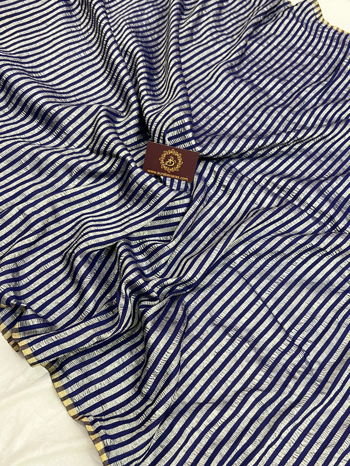 Navy Blue Moonga Silk Banarasi Saree with Zari Stripes 